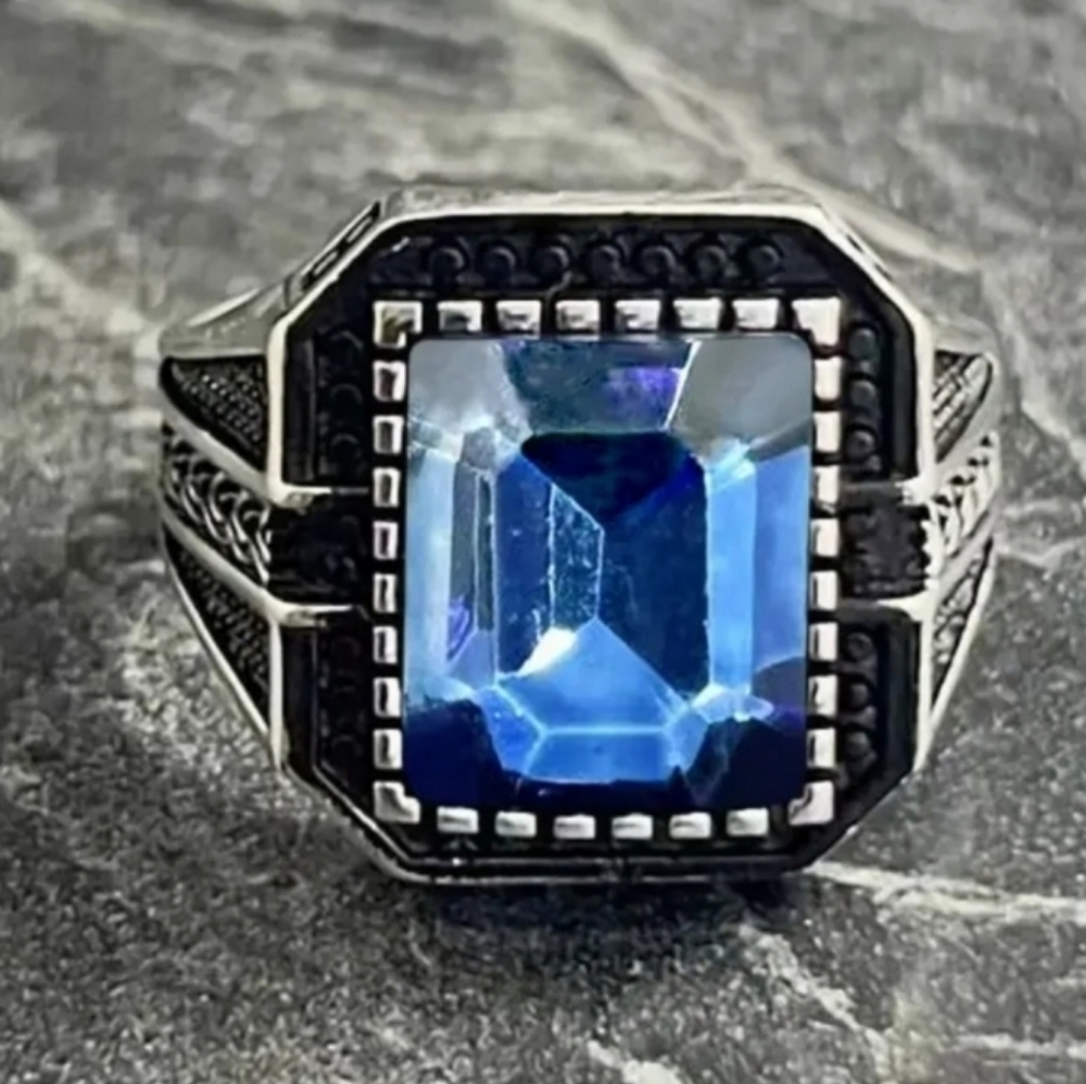 Men's Retro Blue Gemstone Ring Sz 8